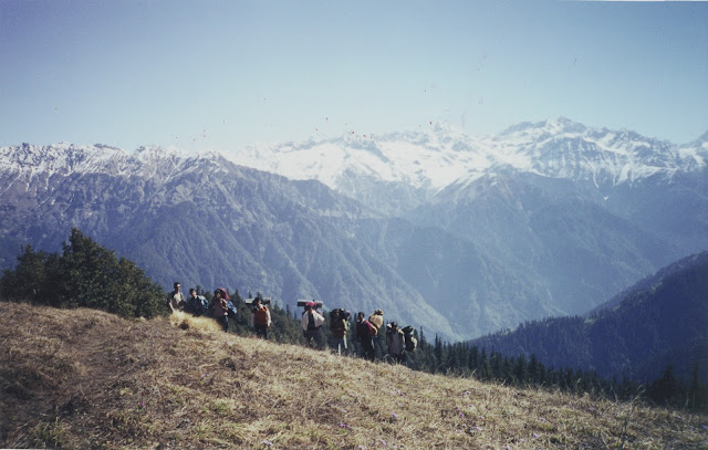 Trekking party approaching Dhela Thatch. Photo by Sanjeeva Pandey]